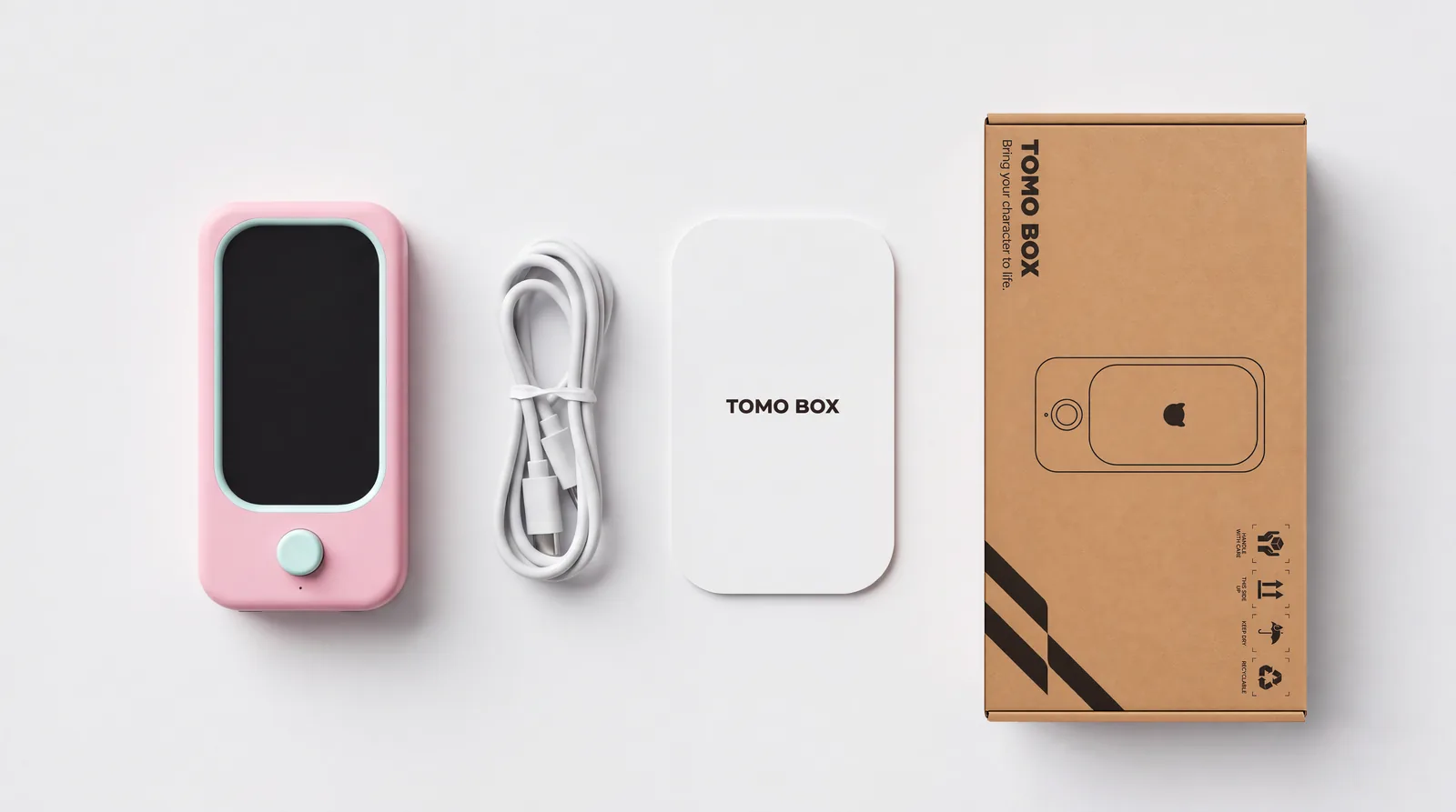 Tomo Box, USB-C cable, quick start guide and packaging laid out flat
